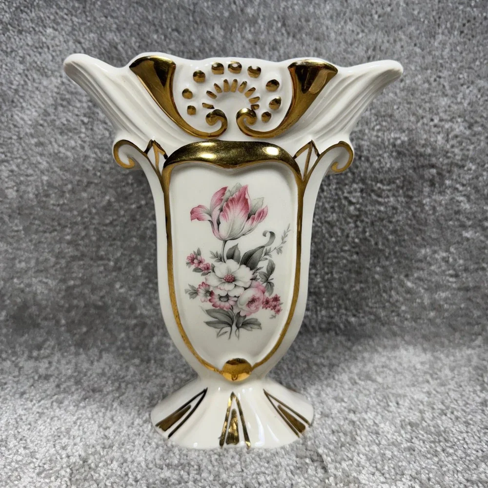 Vintage Floral Design‎ Vase Cream Gold Gilded Tulip Regency